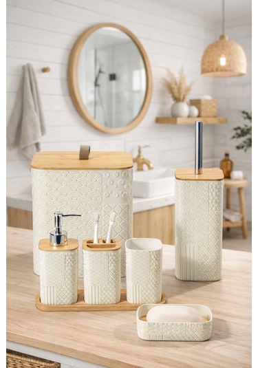 Makri Home Desenli 7 Parça Bambu Kapaklı Ve Aksesuarlı Banyo Seti Mavi