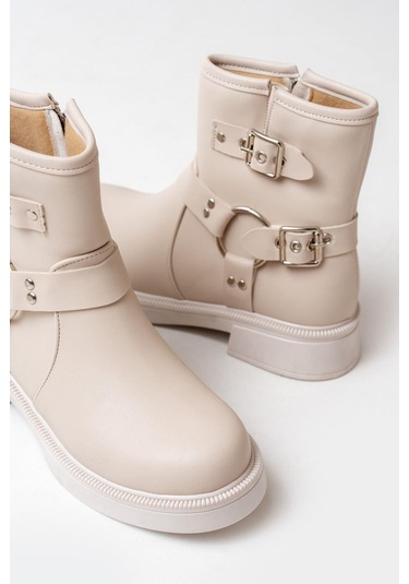 02-2013 Bej Toka Aksesuarlı Fermuarlı Günlük Kadın Bot-bej Bej