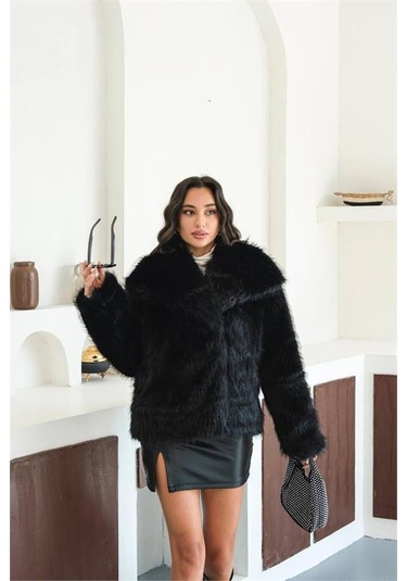 Neşeli Butik Kadın Siyah Astarlı Kürk Kaban Nbmylk32 Siyah