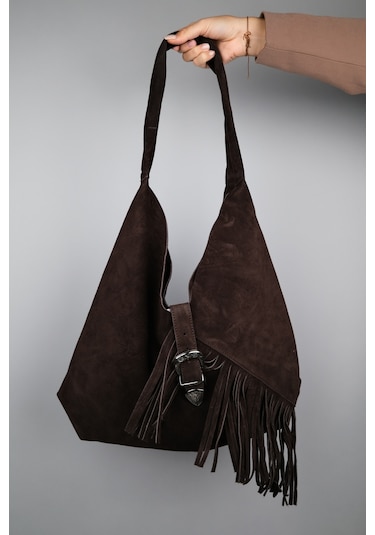 Rosalın Kahve Hakiki Süet Deri Püsküllü Kadın Omuz Çantası Kahverengi