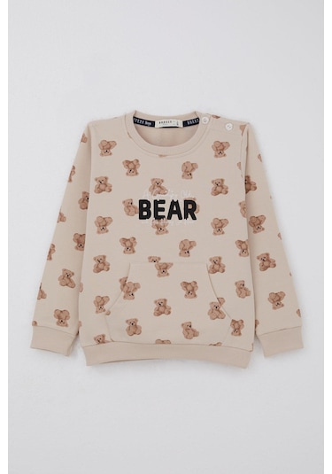 Breeze Erkek Bebek Eşofman Takımı Sevimli Ayıcık Desenli Pantolonu Düğme Aksesuarlı 9 Ay-3 Yaş, Bej Bej