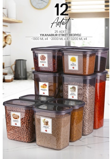 KitchenLife 12'li Etiketli Moly Dikdörtgen Erzak Saklama Kabı Seti X4 1300ml-2000ml-3200ml Geniş - Sert Kapaklı Çok Renkli