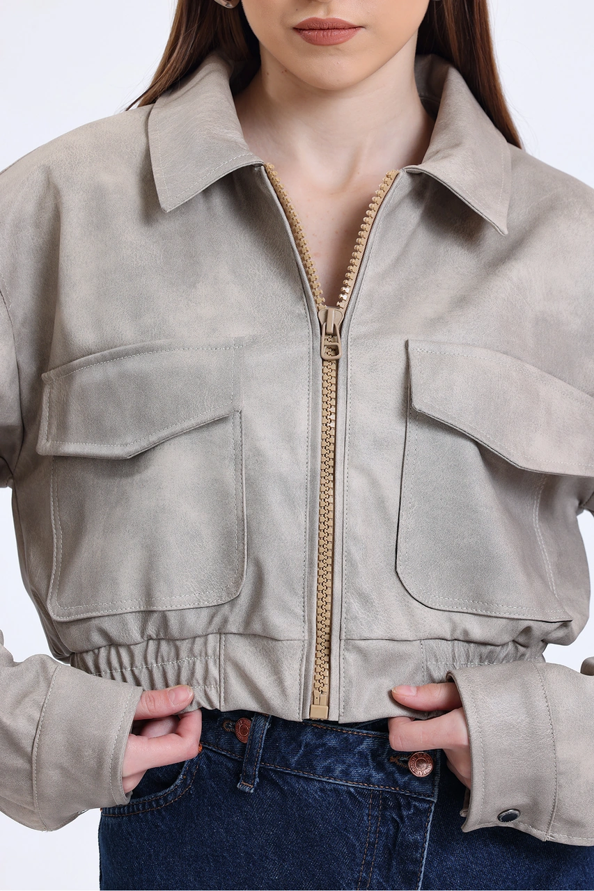 Kadın Deri Oversize Astarlı Kol Çıt Çıt Düğmeli Deri Mont Fermuar Kapamalı Kolej Mont Bej Bej