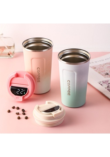 Yuntech01 510ml Akıllı Sıcaklık Gösteren Paslanmaz Çelik Vakumlu Termos Bardak, Isı/sıcak Tutma, Damlacık Önlü, Araba & Seyahat İçin, Gradyan Pembe Yeşil