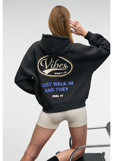 Grımelange Luxe Kadın Renk Nakışlı Ve Arkası Baskı Detaylı Kapüşonlu Antrasit Sweatshirt Antrasit