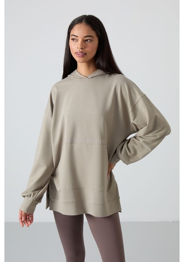 Tommy Life Koyu Bej Balon Kol Yazı Nakışlı Kadın Oversize Tunik Sweatshirt - 97163 Koyu Bej