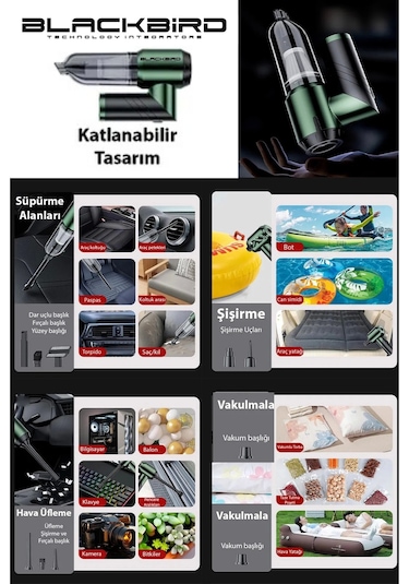 Blackbird Mk-5802 16000pa Katlanabilir Kablosuz Araç Süpürgesi 3 Kademeli Güç Şarjlı El Süpürges