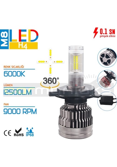 Led 360 M8 H4 Full Power Csp 360° Led Xenon Far Ampul %100 Canbus