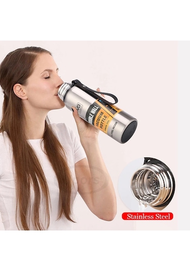 Büyük Kapasiteli Paslanmaz Çelik Termos Taşınabilir Yalıtımlı Termos Şişesi 1000 Ml Siyah