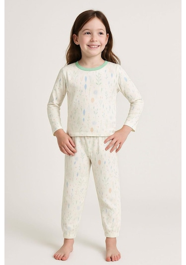Breeze Kız Çocuk Pijama Takımı Bahar Fısıltısı Renkli Yapraklar Desenli 4-8 Yaş, Ekru Ekru