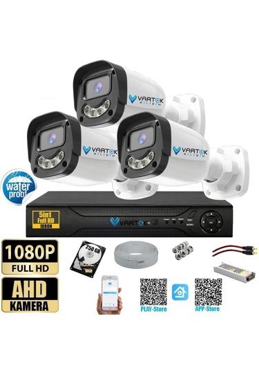 3 Kameralı 250gb-5mp Gece Renkli Gülen Yüz 1080p Fullhd Kamera Set-su Gecirmez-sabit İp Gerektirmez