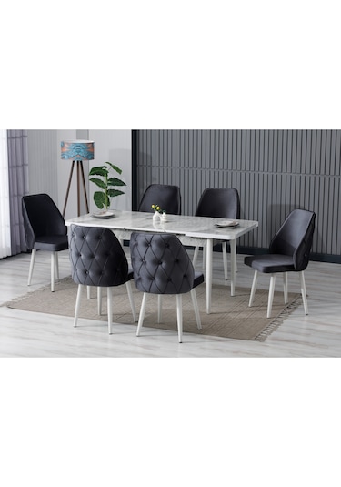 Alin Beyaz Mermer Desen 80x132 Açılabilir Mdf Masa Yemek Odası Takımı Mutfak Takımı 6 Sandalyeli Gri