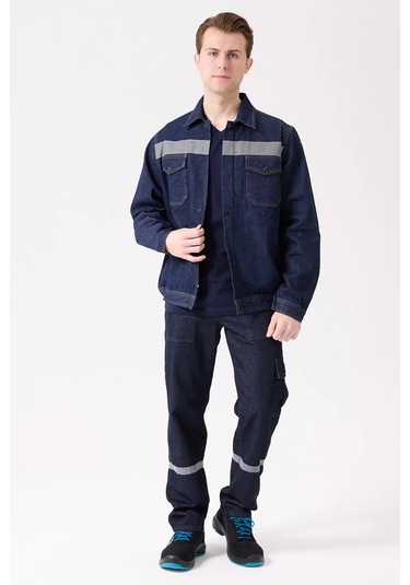 Erkek Denim Isg Mont Koyu Reflektör Detaylı Ce Tulipa Kot İş Güvenliği Reflektörlü Ceket Lacivert