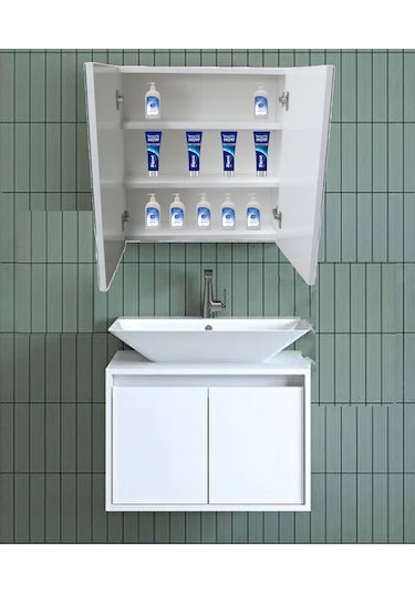 Lavabo Üstü Aynalı 2 Kapaklı Banyo Dolabı Beyaz