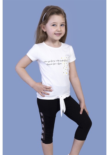 Toontoy Kız Çocuk Papatya Desenli Baskılı Taytlı Takım Ekru