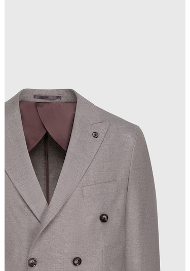 Erkek Vızon Yünlü Slim Fit Dar Kesim Kırlangıç Yaka Kapak Cepli Blazer Ceket Vizon