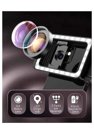 4k Hd 15x Makro Lens Led Dolgu Işığı Telefon Kamera Lens Aparatı