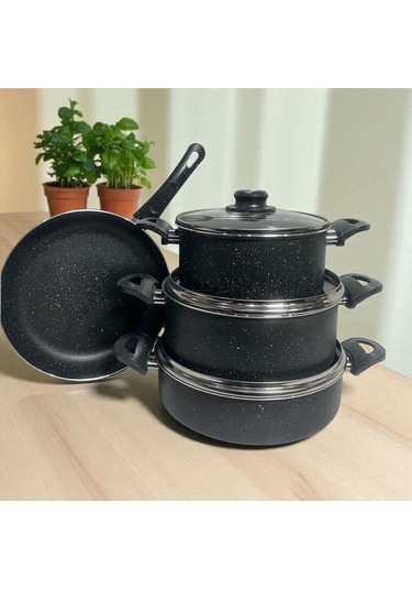 Enashop 7 Parça Granit Tencere Seti 20-24-26-26 Cm Yanmaz Yapışmaz Tava + Derin/sığ Tencere Çeyizlik Siyah