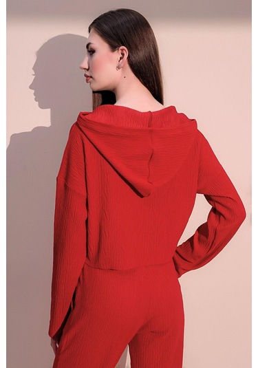 Kadın Kırmızı Uzun Kol Fermuarlı Kapüşonlu Kendinden Desenli Crop Sweatshirt Bluz Kırmızı