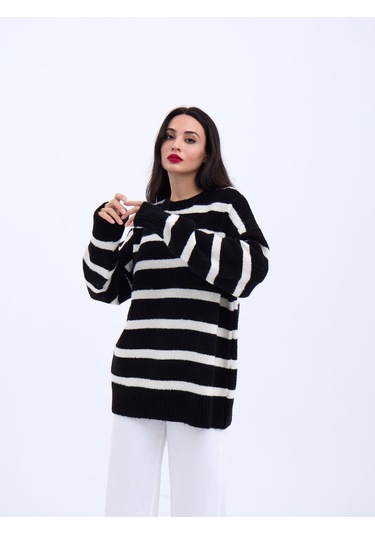 43111 Triko Çizgili Salaş Kazak-siyah-ekru Çok Renkli