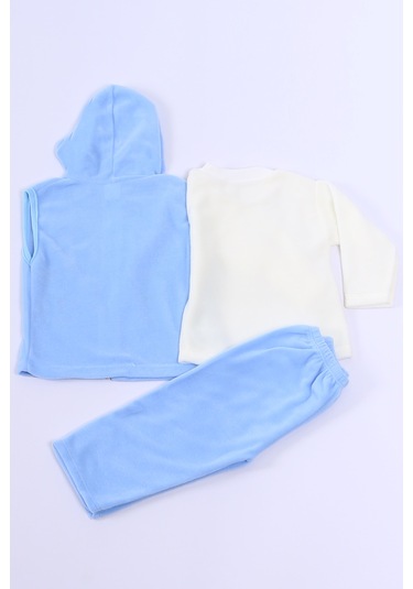 Bebek Polar 3lü Takım Kapşonlu Fermuarlı Nakışlı C23 mavi
