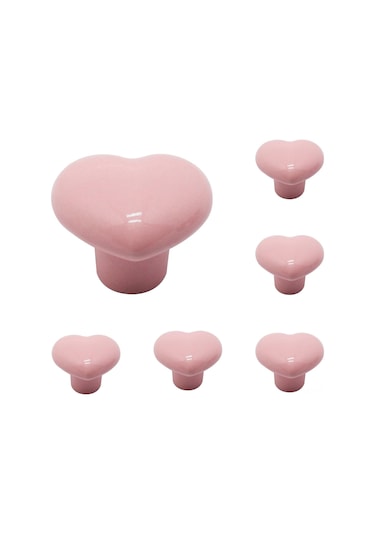 Geeksen Pembe Kalp Şekilli Seramik Dolaş Kolu - 6'lı Set, Mobilya Ve Dolap Dekorasyonu İçin