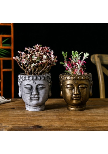 Suntek Çimento Buda Head Pot Statue Bonsai Çiçek Vazo Bronz
