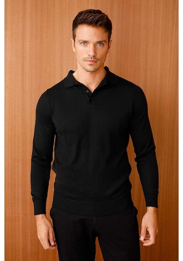Desen Triko Erkek Basic Polo Yaka İnce Triko Kazak 02421601 Siyah Siyah