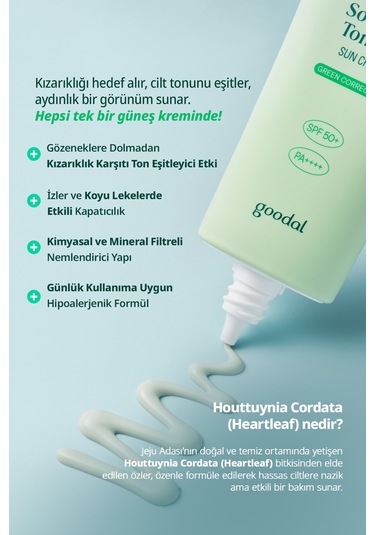 Kızarıklık Karşıtı Güneş Kremi Goodal Heartleaf Soothing Green Tone Up Sun Cream Spf50+ Pa++++