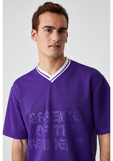 Grimelange PAMPA Erkek Baskı Detaylı Relaxed V Yaka Kısa Kol Mor T-Shirt
