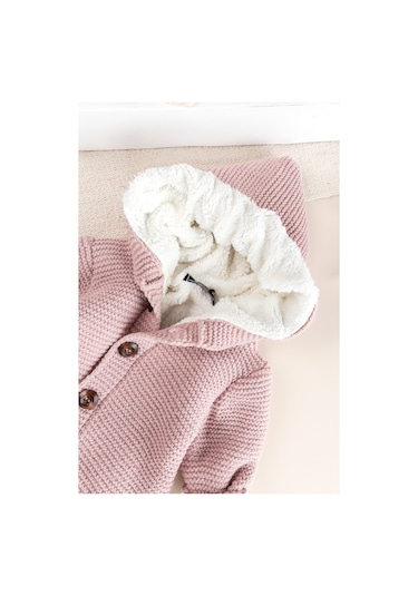 Triko Örme Welsoft Astarlı Kapüşonlu Kışlık Bebek Tulum gül kurusu