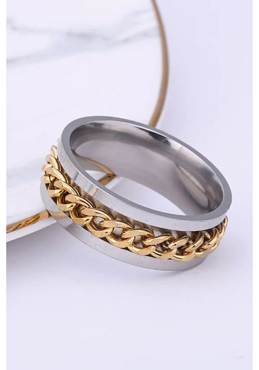 Ortası Dönebilen Zincirli Erkek Kadın Anti-stres Çelik Alyans Yüzük Cl43 Gold - Gümüş