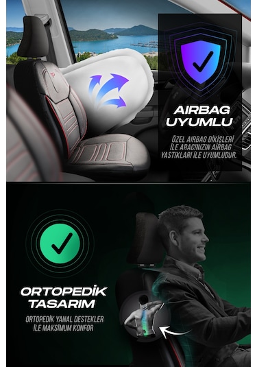 Siyah - Kırmızı Panda Rodos Serisi Deri Ortopedik Oto Koltuk Kılıfı - Tam Set
