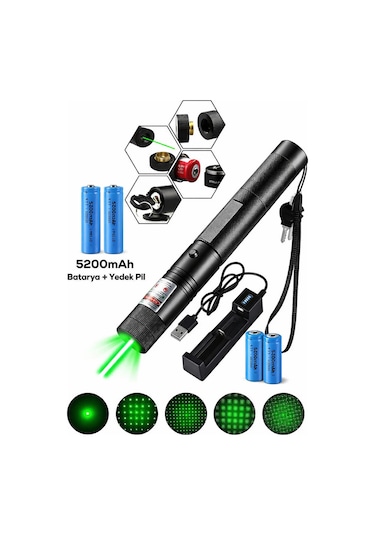 10 Km Menzilli Şarj Edilebilir Yeşil Lazer Pointer Seti - 5200mah Çift Bataryalı & Güvenlik Kilidi Siyah