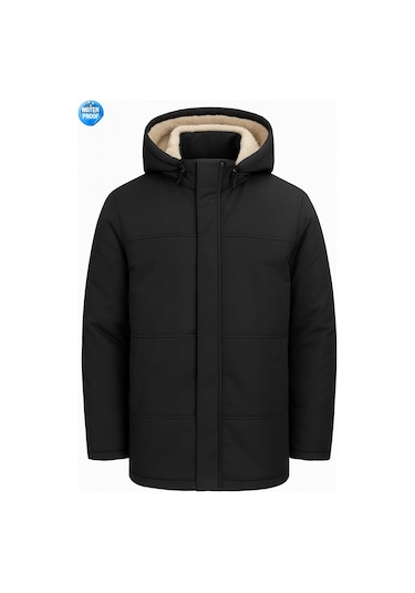 Erkek İçi Kürklü Çıkma Kapüşon Su Ve Rüzgar Geçirmez Kapüşonlu Kışlık Mont & Kaban & Parka Siyah