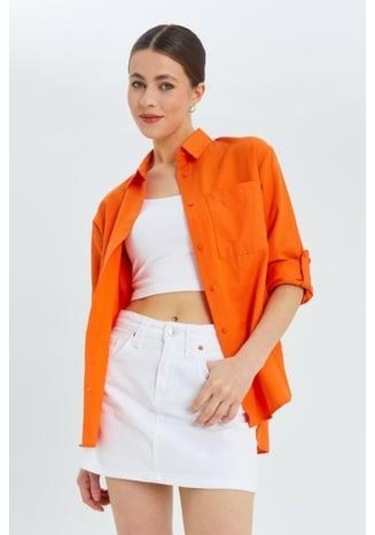 9942 Kadın Oxford Uzun Kol Basic Gömlek Oranj Oranj