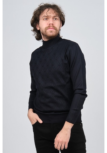 Pave Erkek Yarım Balıkçı Desenli Yün Kazak 4537210 Lacivert Lacivert