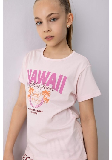 DeFacto Kız Çocuk Pijama Takımı Baskılı Kısa Kollu Tişört Çizgili Şort E6558A825SMPN343 Pembe