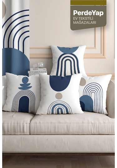 Beyaz Zemin Üzerine Lacivert Geometrik Desenli 4lü Dijital Baskıl