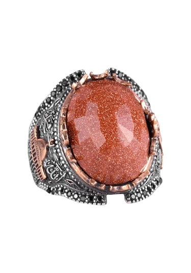 925 Ayar Gümüş Erkek Yüzüğü, Kahverengi Güneştaşı Oluşturulmuş Taş Yüzük Gümüş