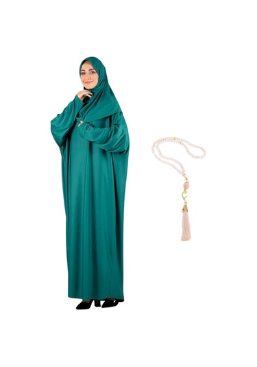 Zarif Namaz Elbisesi Ve Türban Tesbih Set Tesettür Şal Müslüman Kıyafetleri Abaya - Siyah Yeşil