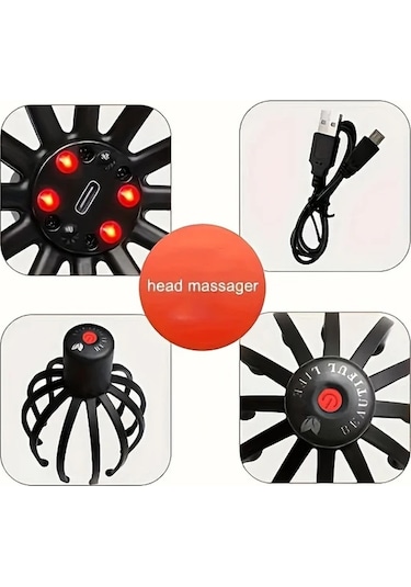 Elmpaly Siyah 3 Seviye Titreşimli Elektrikli Ahtapot Kafa Masajı Cihazı Led Kırmızı Işık Usb Şarj siyah