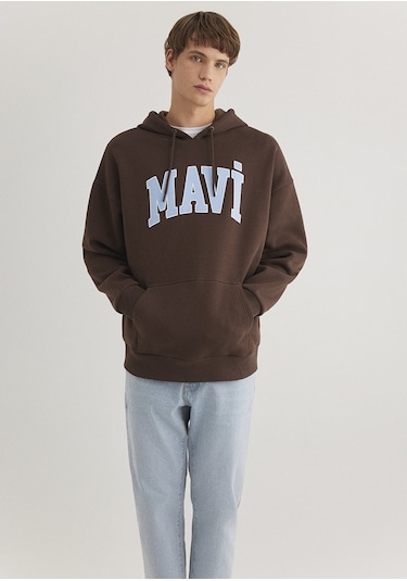 Mavi - Mavi Logo Baskılı Kapüşonlu Kahverengi Sweatshirt 067149-88067 Kahverengi