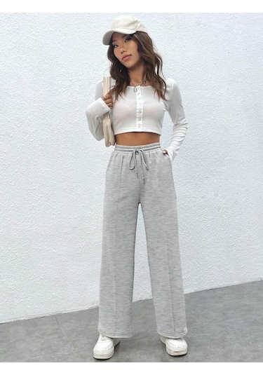 Kallima Gri Çimalı Yüksek Bel Bol Paça Mevsimlik Eşofman Altı Gri