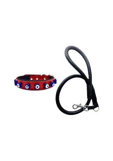 Desingshop Siyah Deri Örgü Gezdirme Kayışı 90 CM + Hakiki Deri Nazar Boncuklu Köpek Tasması 56 x 2.5 CM