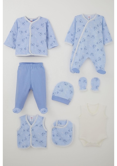 Breeze Erkek Bebek Hastane Çıkışı 8 Li Sevimli Ayıcık Figürlü Yıldız Desenli 0-3 Ay, Mavi Mavi