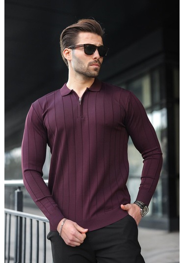 Bordo Polo Yaka Fermuarlı Örme Kazak 7242 Bordo