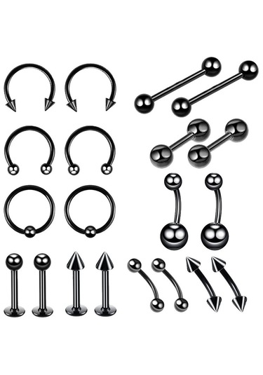 Suntek 20 Adet Burun Dudak Dil Kaş Tragus Göbek Halkası 6mm Siyah