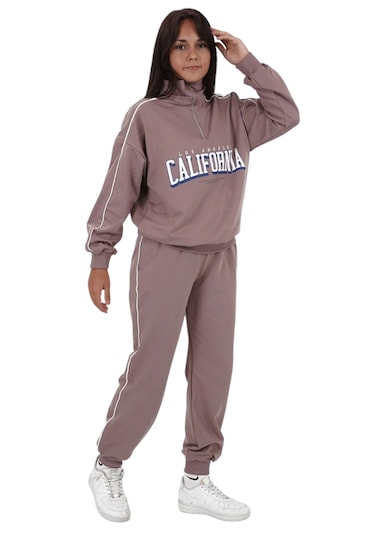 Kız Çocuk California Yazılı Yarım Fermuar Model Pudra Renk Oversize Eşofman Takımı Pudra