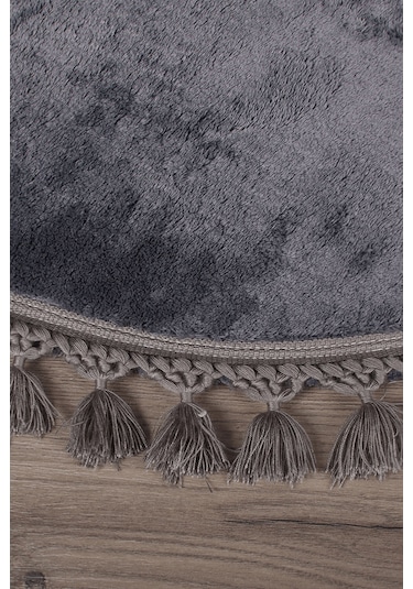 Antrasit Fluffy Düğüm Saçaklı Oval Post Peluş Halı Kaymaz Taban